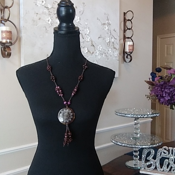 Coffee Bean Necklace With Floral Disk Pendant - Picture 15 of 17